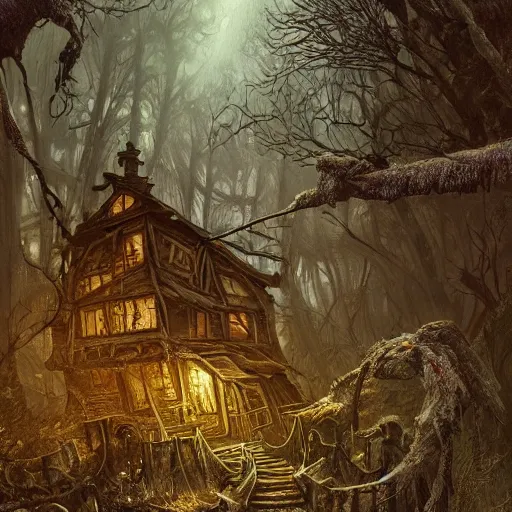 Prompt: dilapidated broken wooden house, tucked within the witchwood forest, evil fairies, overgrown, detailed intricate ink illustration, dark atmosphere, detailed illustration, hd, 4k, digital art, overdetailed art, concept art, by greg rutkowski, by loish, complementing colors, Trending on artstation, deviantart