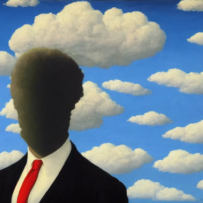 Image similar to portrait of a faceless shadow - head man with messy long hair in a suit, clouds in the background, by rene magritte, detailed painting, distance, middle centered, hd, hq, high resolution, high detail, 4 k, 8 k