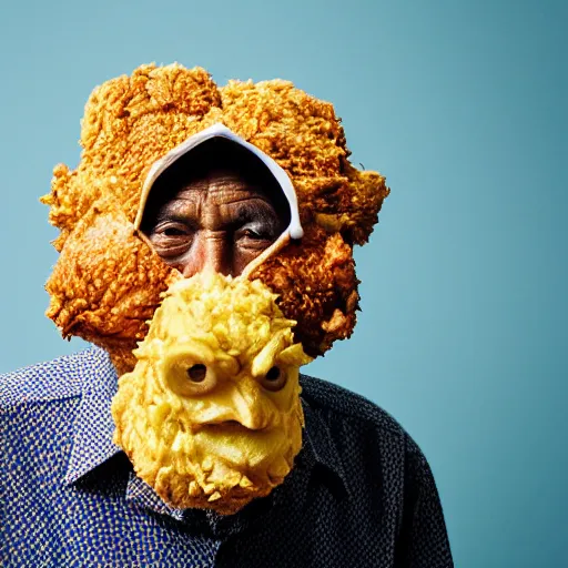 Image similar to an elderly man wearing a mask made from fried chicken, bold natural colors, national geographic photography, masterpiece, 8 k, raw, unedited, symmetrical balance