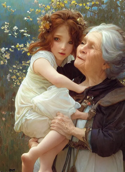 Prompt: a cute little girl with a round cherubic face, blue eyes, and short wavy light brown hair hugging her grandma, an old lady. beautiful painting by artgerm and greg rutkowski and alphonse mucha