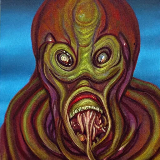 Prompt: oil painting of sea elf, parasite infested, constantly morphing, abysmal elder god, smug, snarky