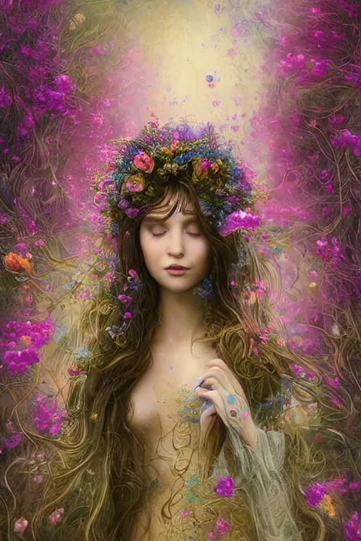 Image similar to elaborately detailed close up realistic portrait of an extremely beautiful girl with very long dark hair surrounded by flowers, an eerie mist and many ethereal rainbow bubbles, Aetherpunk, iridiscent geometry, high fantasy professionally painted digital art painting, fantasy matte painting movie poster, Art Nouveau, smooth, sharp focus, atmospheric lighting, highly detailed illustration highlights, backlight, golden ratio, 8K detail post-processing, symmetrical facial features, rich deep moody colors, majestic, dark epic fantasy, award winning picture, sense of awe, featured on DeviantArt, trending on cgsociety