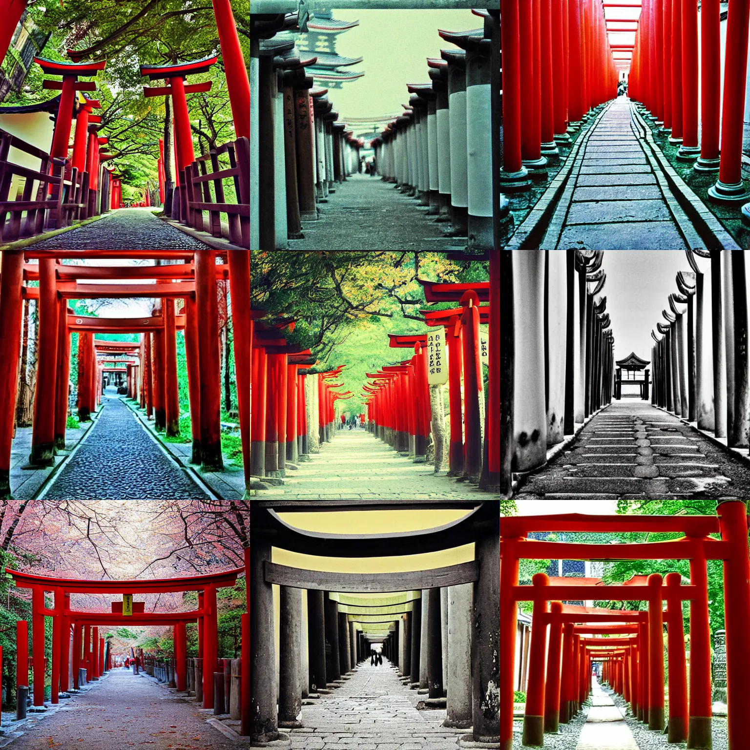 Prompt: shinto torii alley in St Petersburg, Russia, film grain, perspective correction, three point perspective