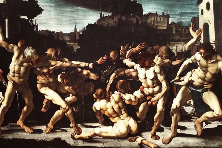 Prompt: Very Highly Detailed Elimination of humanity. Digital concept art by Caravaggio, very detailed face's, cyan dimensional light, Many Details by Michelangelo, Futuristic city as Background
