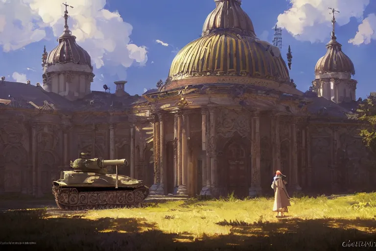 Prompt: a tank which looks like a ornate baroque church, scene in an open field. key visual, conceptart, ambient lighting, highly detailed, digital painting, artstation, concept art, sharp focus, by makoto shinkai and akihiko yoshida and greg manchess