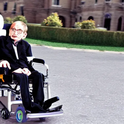 Prompt: stephen hawking in mario cart, in his wheelchair, gameplay footage