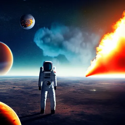 Image similar to astronaut stranded on planet, destroyed ship that is crash landing, exploding planet in background, fire, white smoke, impending fear, 4 k, dystopian, lonely, isolated space station in space, sci - fi, crash landing, asteroids.