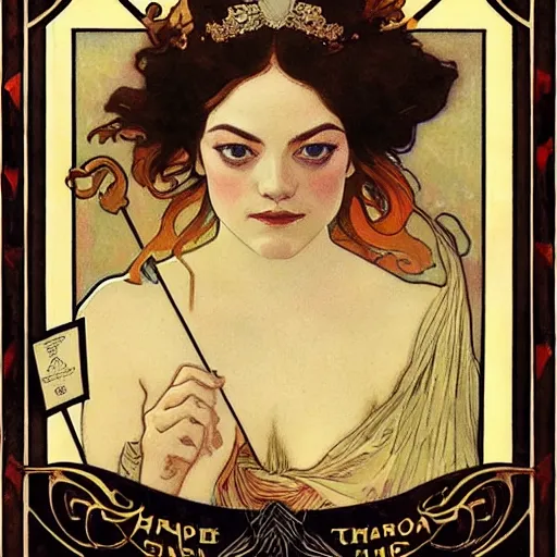 Prompt: emma stone portrait by louis - theophile hingre and alphonse mucha, realistic, sharp focus, zodiac signs, tarot cards, planets, ethereal, art nouveau, magic, moon, sun, crown, dreamy, royal, jewellery