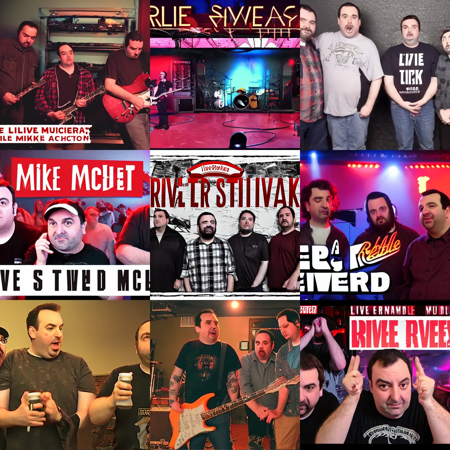 Prompt: a live rock concert of Red Letter Media Mike Stoklasa Rich Evans Jay Bauman, cinematic angle, epic composition, action post