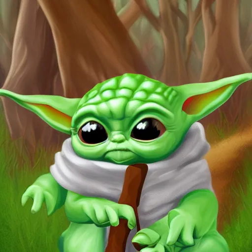 Prompt: baby yoda follows a trail on the ground of Reese's Pieces back to the forest, digital art, UE5.