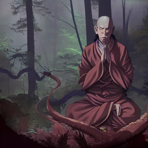 Image similar to a dragon sage monk yamabushi meditates in a dark forest. surrounded by serpents of all sized, danzo, orochimaru madara, ultra hyper detailed realistic matte painting artstation narutoverse stylized beautiful lighting moody gloomy