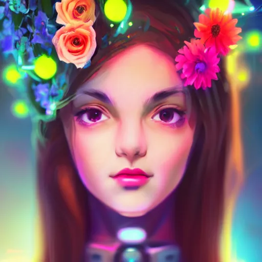 Prompt: portrait of a cute young woman with robot ears and eyes, 4k, sharp focus, neon colored fluorescent lighting, flowers, jordan grimmer