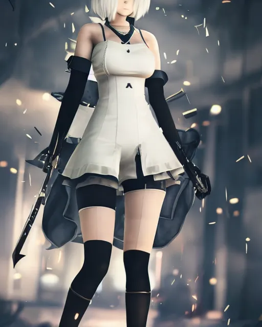 Image similar to Beautiful full body portrait of 2b, nier automata wearing short clothes, cinematic 8k, high detailed