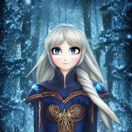 Image similar to portrait focus of knight beautiful 3D anime girl, Frozen ice armor wearing, dark forest background, snowing, bokeh, inspired by Masami Kurumada, digital painting, high contrast, unreal engine render, volumetric lighting, high détail