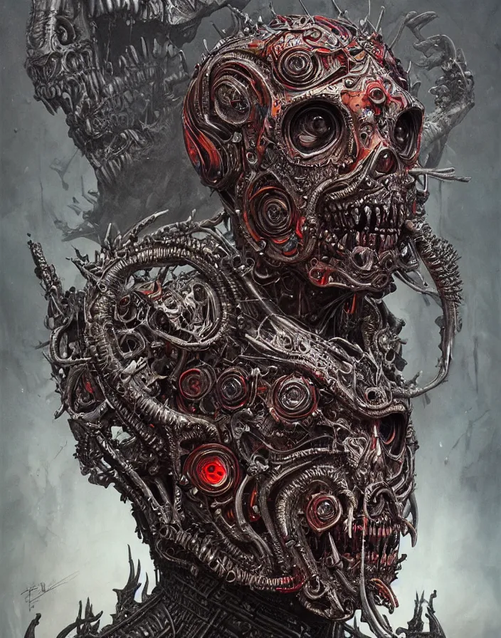 Image similar to art portrait of an undead kingof hell, intricate detailed armour ,8k,by tristan eaton,Stanley Artgermm,Tom Bagshaw,Greg Rutkowski,Carne Griffiths, Ayami Kojima, Beksinski, Giger,trending on DeviantArt,face enhance,hyper detailed,minimalist,cybernetic, android, blade runner,full of colour,