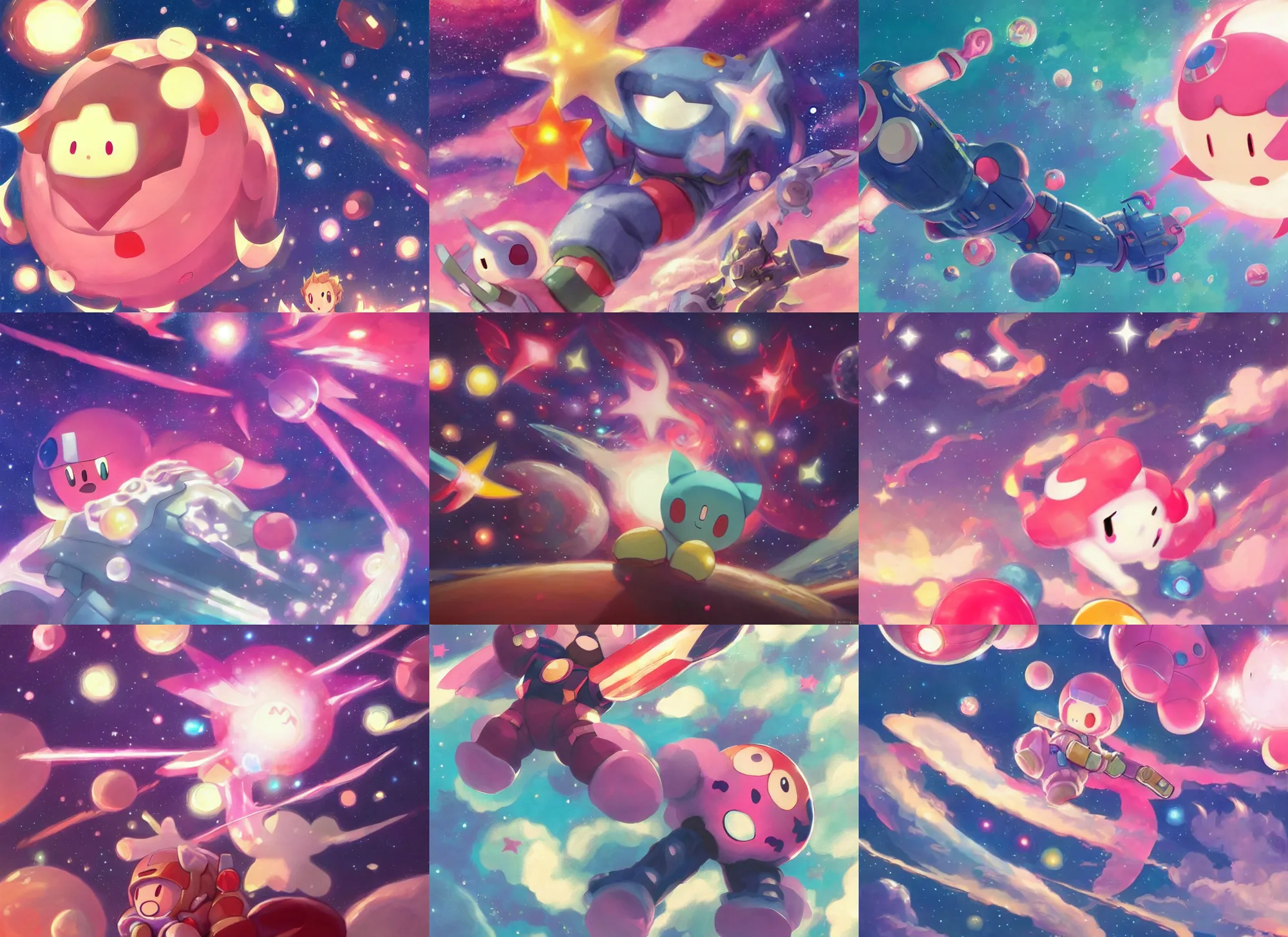 Prompt: official artwork of kirby floating in space by Krenz Cushart, detailed art, many stars in sky, Kirby round pink iconic character, wallpaper