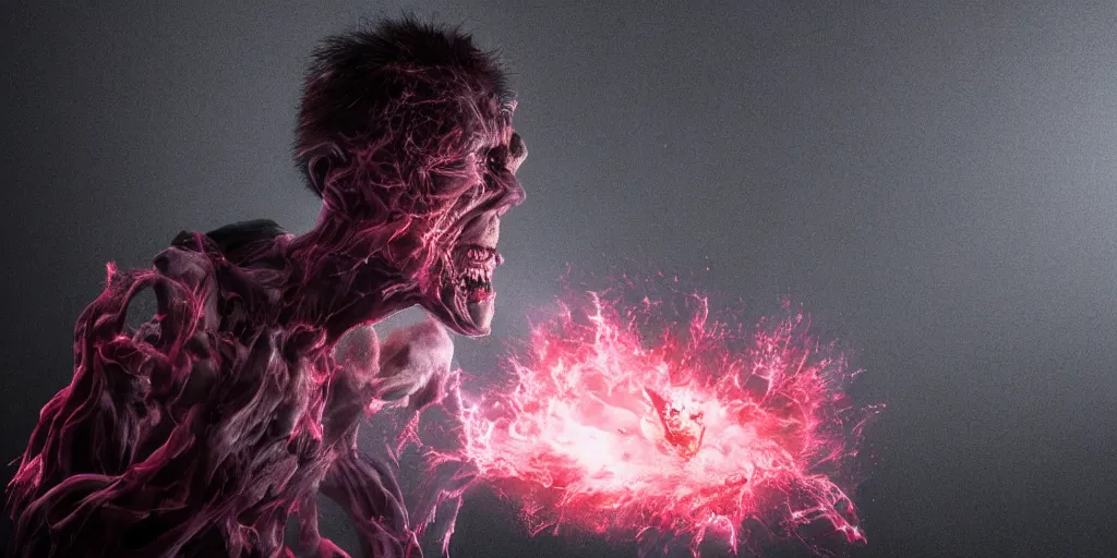 Image similar to exploding head, hyper realistic, horror, dark cinematic, volumetric, realistic, 3d render, Realistic Render, Cinematic lighting, Volumetric lighting, atmospheric, cinematic, unreal engine, unreal engine render, octane render, HD, photorealism, hyper realistic, photo, 8K, in the style of Chris Cunnigham, by Wes Anderson