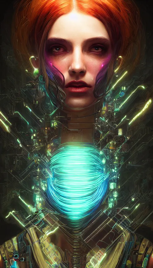 Image similar to I have no mouth and i want to scream, cyberpunk angry gorgeous druid, pixel sorting, neon, fibonacci, sweat drops, insane, intricate, highly detailed, digital painting, artstation, concept art, smooth, sharp focus, illustration, Unreal Engine 5, 8K, art by artgerm and greg rutkowski and alphonse mucha