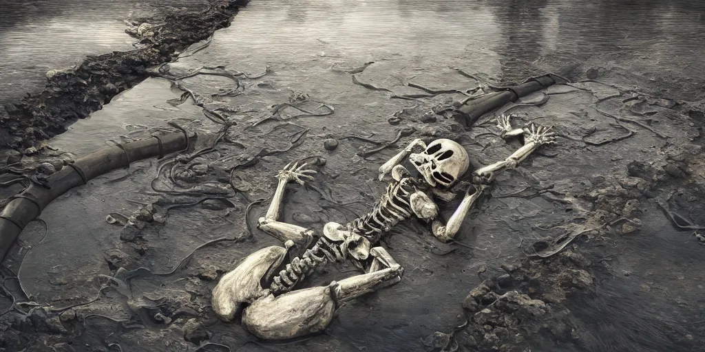 Image similar to skeleton lying in a puddle of mercury, pipe sticking out of the lake, fantasy, digital art, trending on artstation