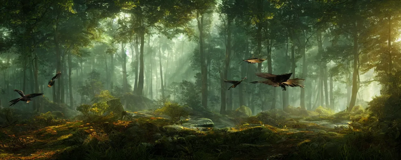 Image similar to birds flying in the forrest, beautiful dynamic lighting, cinematic, wide angle establishing shot, extremely high detail, photo realistic, cinematic lighting, post processed, concept art, artstation, matte painting, style by frederic church, raphael lacoste, unreal engine 8 k