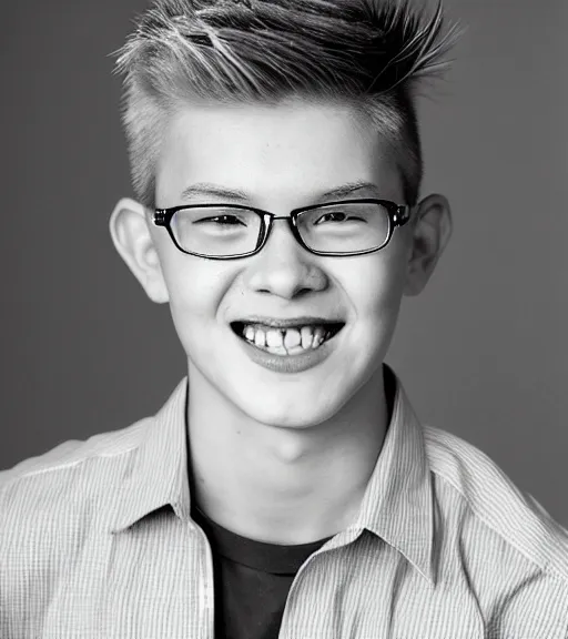 Prompt: a professional portrait of jason grace, a teenage 1 6 year old white boy with electric blue eyes, blonde flat top hair, a kind smile, bronze thin - rimmed glasses, a small scar on the left side of his mouth, perfect teeth, jock, extremely handsome, 6'1