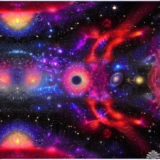 Prompt: a painting of a black portal!! in outer space, surrounded by fractals!, galaxies, and clouds!! of kaleidoscopic colors, trending on art station