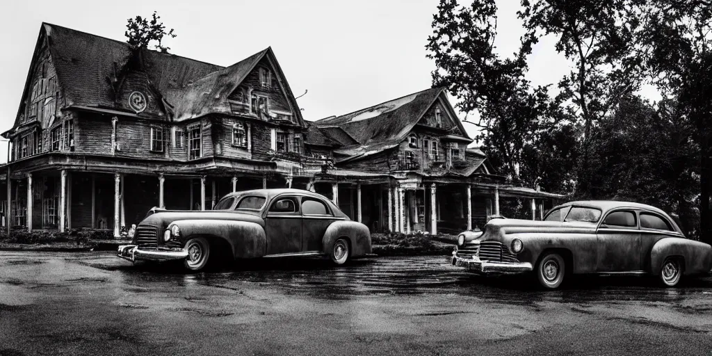 Image similar to Lovecraft Country, ultra detailed haunted house, rain, establishing atmospheric shot, unreal engine, F11 aperture, night, volumetric fog, lighting and thunder, film grain, ultra detailed grey 1948 Packard Station Sedan parked in the street,