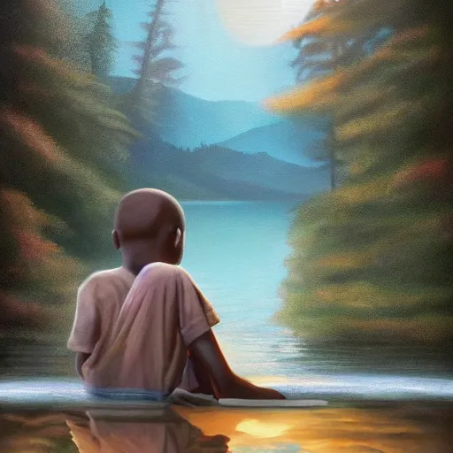 Prompt: a retro realistic painting of a ghost!!! shining in a lake while a black kid! stares at it with a florest! in the background, a scenic view, realistic, volumetric light, octane render, detailed oilpainting painting by Naudline Cluvie Pierre, trending on artstation.