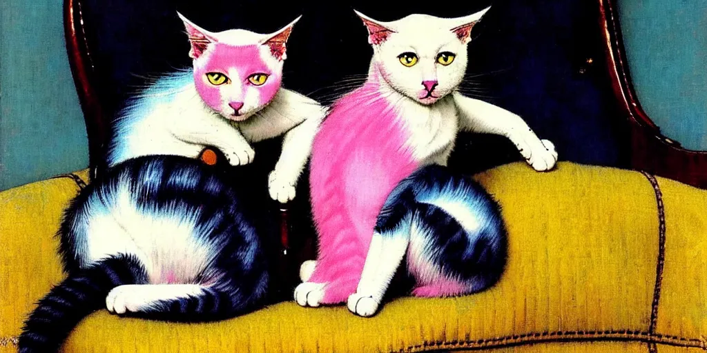 Image similar to two cats on an old armchair, blue and white hair, yellow and pink hair, style of norman rockwell