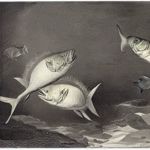 Prompt: two fishes talking to eachother in deep sea, art by pieter claesz