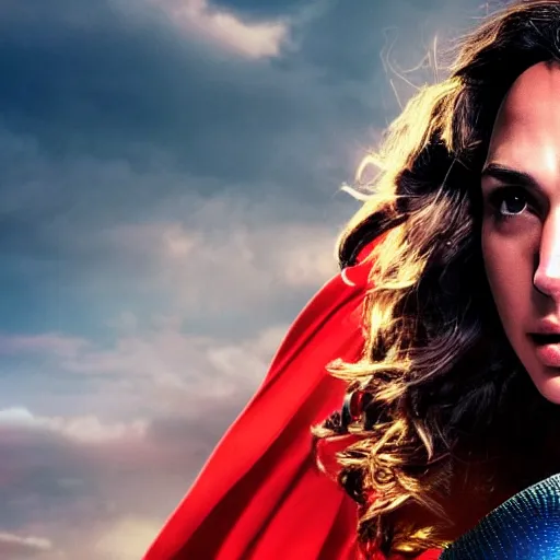 Image similar to an potrait of gal gadot play Man of Steel replacing Henry Cavill, she looking to camera, photorealistic, 4k