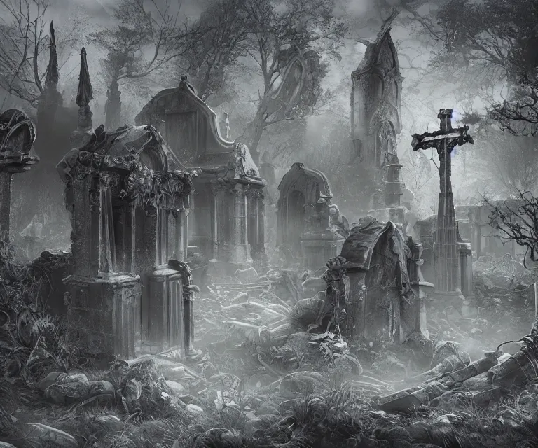 Prompt: a city of tombs and tombstones, graveyard landscape, inhabited by flying spirits, ghostly spirits, giant grave structures, giant tomb structures, dark fantasy, digital art, fantasy art