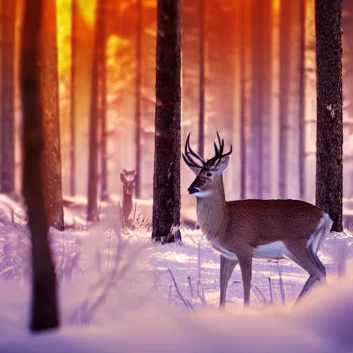 Image similar to deer on fire in a frozen forest, sparkles and sun rays, hyperrealistic, photo realistic, realistic, beautiful white lighting, in the middle of the day