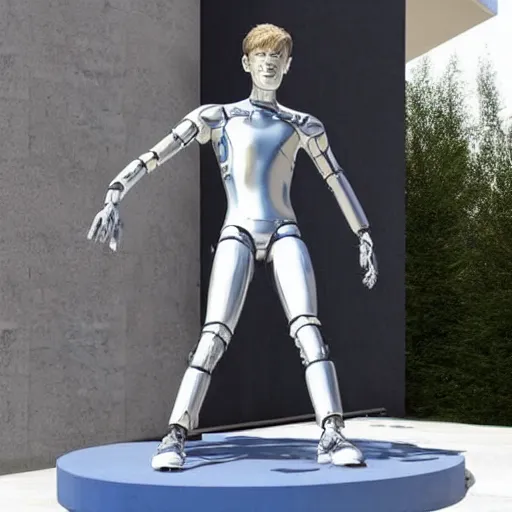 Image similar to a realistic detailed photo of a guy who is an attractive humanoid who is half robot and half humanoid, who is a male android, soccer player martin ødegaard, shiny skin, posing like a statue, blank stare, by the pool, on display, showing off his muscles, humanoid robot, frozen ice statue