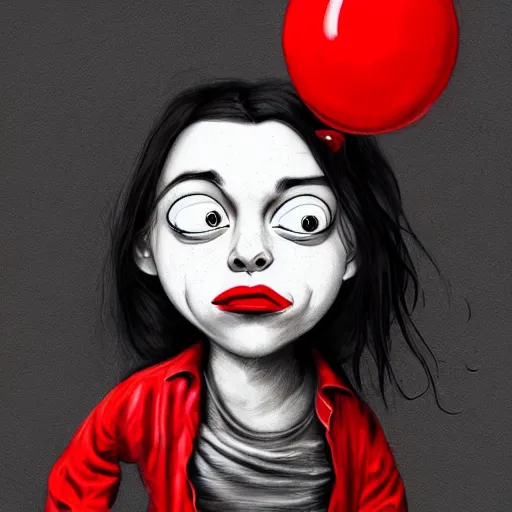 Image similar to surrealism grunge cartoon portrait sketch of billie eilish with a wide smile and a red balloon by - michael karcz, loony toons style, family guy style style, horror theme, detailed, elegant, intricate