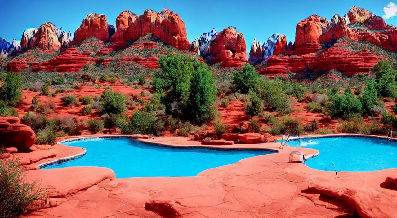 Image similar to a beautiful day in Sedona by a pool,colorised,photograph