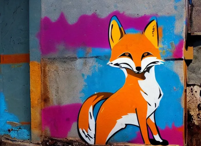 Prompt: fox graffiti, dirty wall, alley, impressive, colorful, photograph