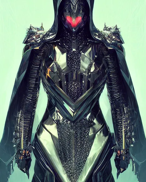 Prompt: the omnipotent assassin, vivid award winning digital artwork, intricate black sharp hooded semi - cybernetic athletic body armor, beautiful iridescent colors, technology cloak, long spikes, glowing face, detailed realistic, specular colors, ornate colored gems and crystals, character art by wlop and greg rutkowski and artgerm