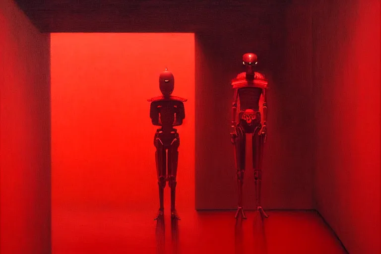 Image similar to only with red, a red samurai humanoid, tokio futuristic in background, yokai, in the style of beksinski, parts by edward hopper, parts by rodcenko, parts by yue minjun, intricate and epic composition, red by caravaggio, insanely quality, highly detailed, masterpiece, red light, artstation, 4 k