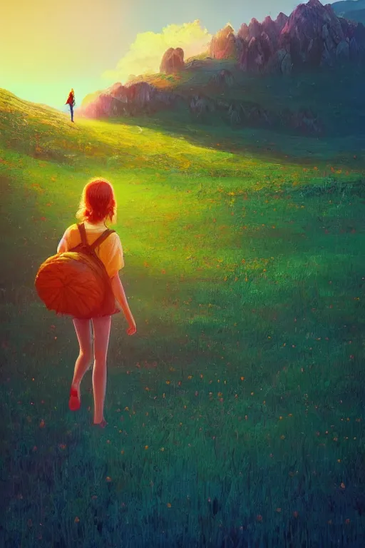 Prompt: giant daisy flower head, girl walking in the mountains, surreal photography, sunrise, dramatic light, impressionist painting, colorful clouds, digital painting, artstation, simon stalenhag