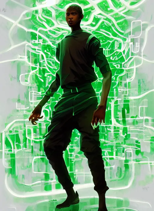 Prompt: detailed digital painting of young black man surrounded by floating green text and complex algorithms, cinematic dramatic pose by artstation, fanart behance hd by jesper ejsing, by rhads, makoto shinkai and lois van baarle, ilya kuvshinov, rossdraws, enter the matrix, global illumination, radiant light, detailed and intricate environment