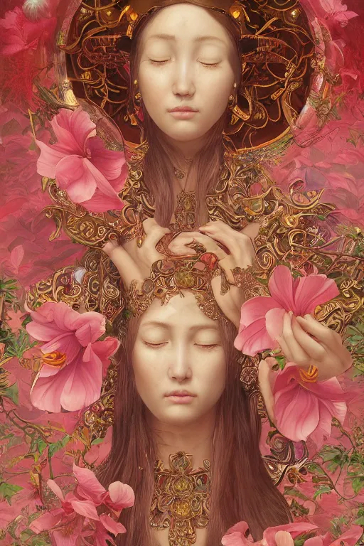 Image similar to breathtaking detailed concept art painting of the goddess of rafflesia arnoldii flowers, orthodox saint, with anxious, piercing eyes, ornate background, amalgamation of leaves and flowers, by Hsiao-Ron Cheng, extremely moody lighting, 8K