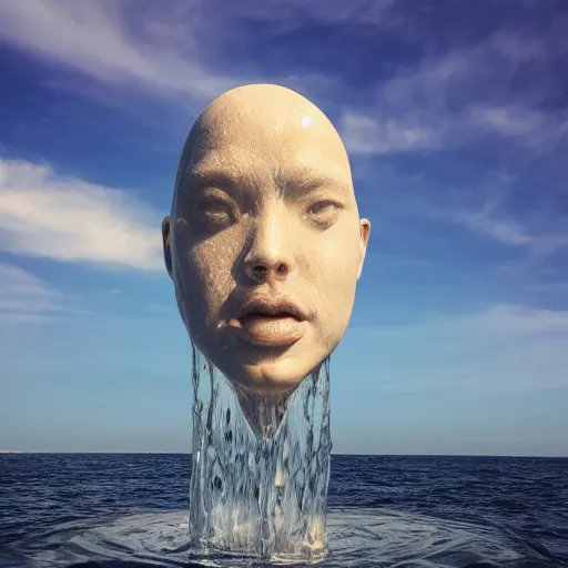 Prompt: a giant sculpture of water in the shape of a human head, on the ocean water, cinematic, in the style of johnson tsang, long shot, hyper detailed, hyper realistic, ray tracing, 8 k resolution, sharp focus, realistic water, award winning