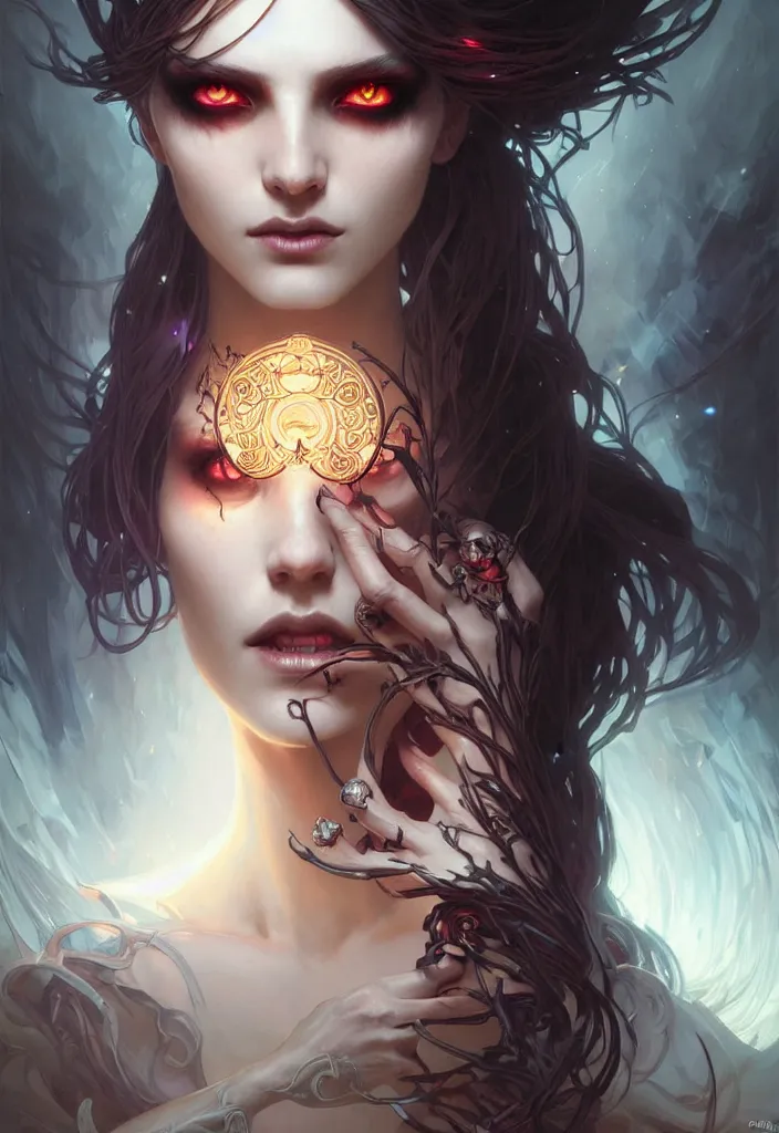 Image similar to Necromancer Sorceress eyes, fantasy magic, undercut hairstyle, dark light night, intricate, elegant, sharp focus, illustration, highly detailed, digital painting, concept art, matte, art by WLOP and Artgerm and Greg Rutkowski and Alphonse Mucha, masterpiece