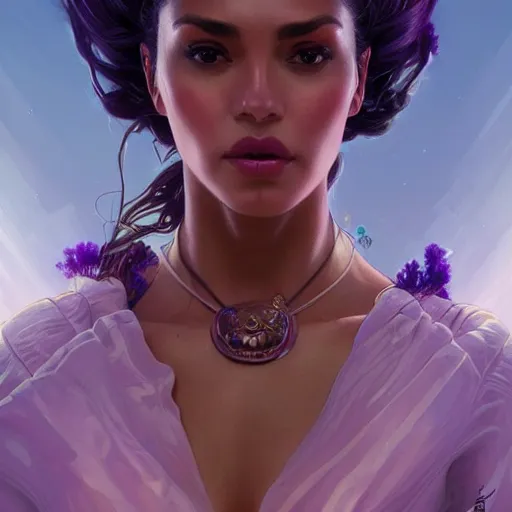 Image similar to Portrait of very very very very very very beautiful Latina woman, spacesuit, purple eyes, intricate, elegant, highly detailed, digital painting, artstation, concept art, smooth, sharp focus, illustration, art by artgerm and greg rutkowski and alphonse mucha