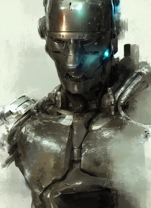 Prompt: cyborg, borg, android, strogg, face of a man, body of a robot, droid from a video game, concept art by ruan jia