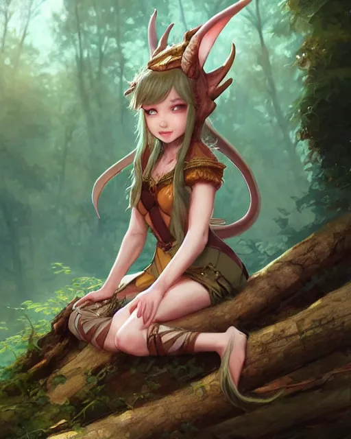Prompt: concept art of a dragon girl, wearing tight medival clothes, sitting on a log in a mystical forest | | cute - fine - fine details by stanley artgerm lau, wlop, rossdraws, james jean, andrei riabovitchev, marc simonetti, and sakimichan, trending on artstation