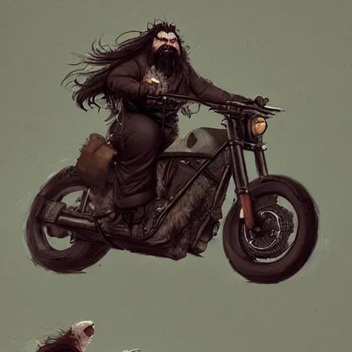 Image similar to Hagrid on his motorcycle ,Greg rutkowski, Trending artstation, cinematográfica, digital Art