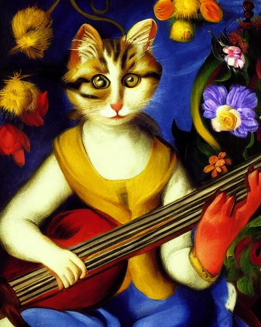 Prompt: baroque portrait of a anthropomorphic cat playing a lute, bright, garden with flowers, digital art, award winning, by franz marc
