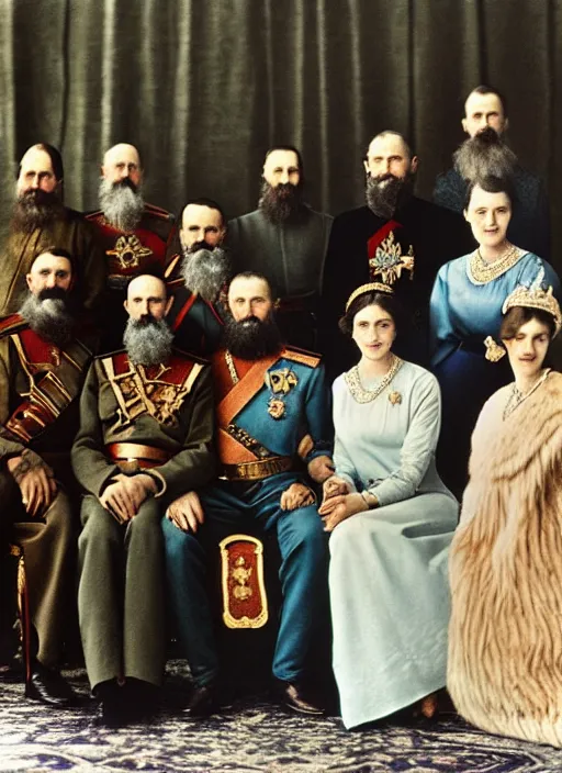 Image similar to a royal court gathering of tsar nicholas, rasputin, circa 1 9 1 4 but as a real life color photo